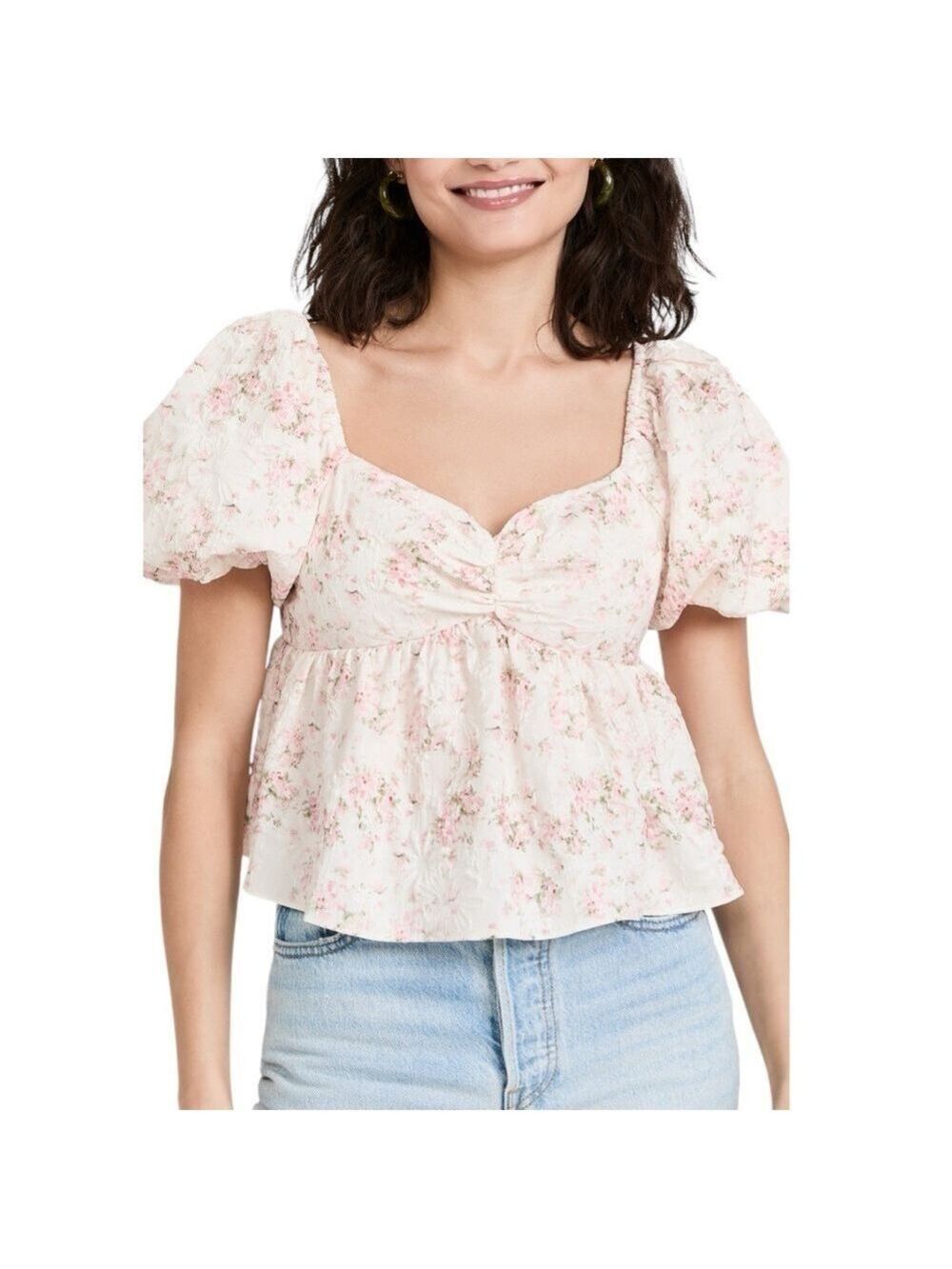 English Factory Floral Puff Sleeve Textured Peplum Style Smocked Back Top Blouse